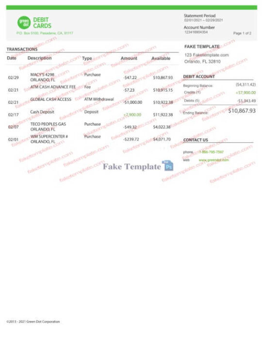 green dot bank statement pdf