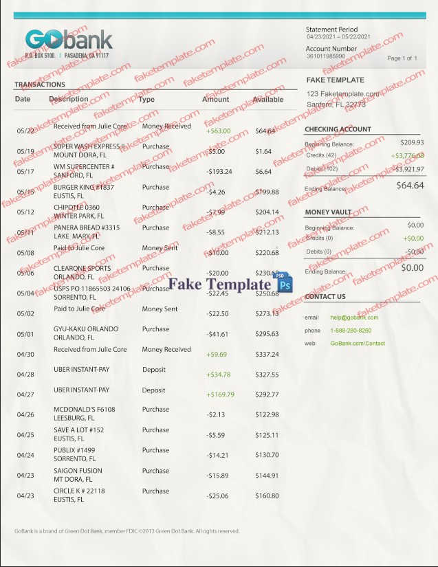 gobank bank statement template 